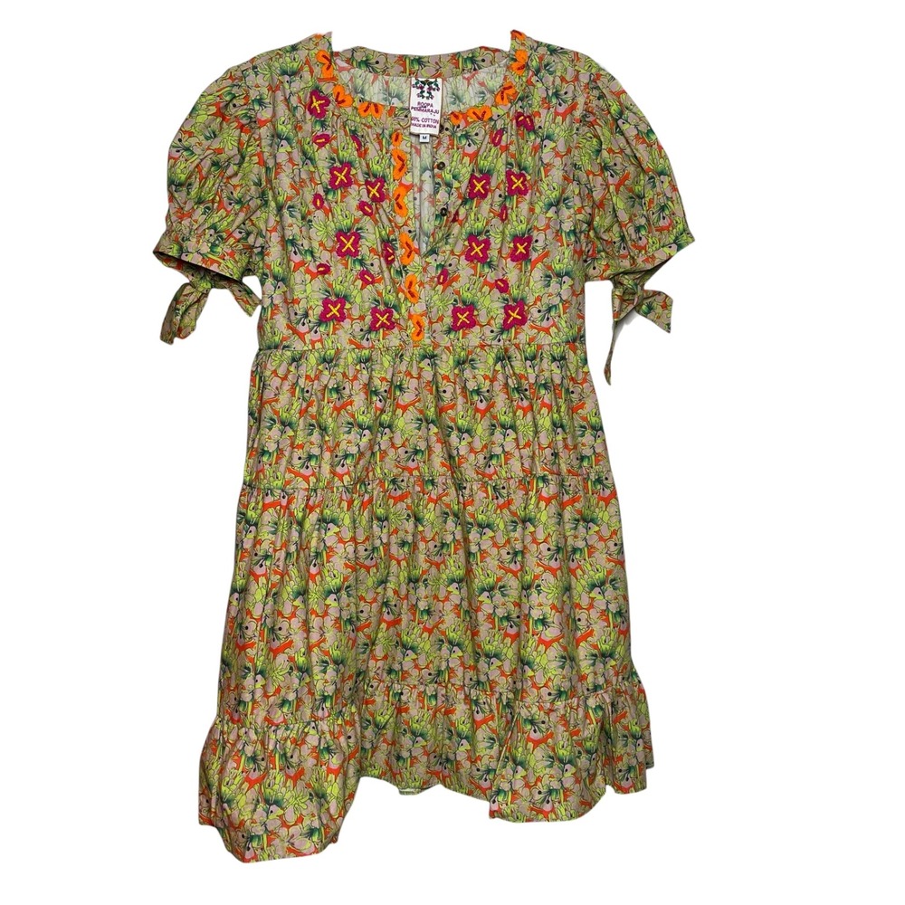 ROOPA PEMMARAJU Cotton Floral Embroidered Tiered Mini‎ Dress M